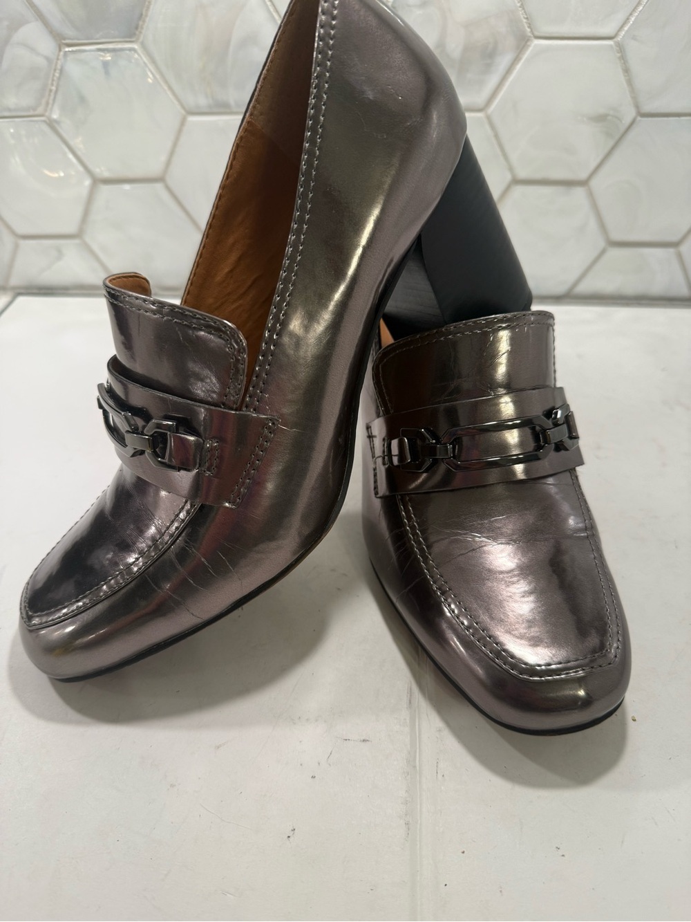 Franco Sarto Gunmetal Metallic Block Heel Loafers Sz 9.5 Wide Buckle Preppy
